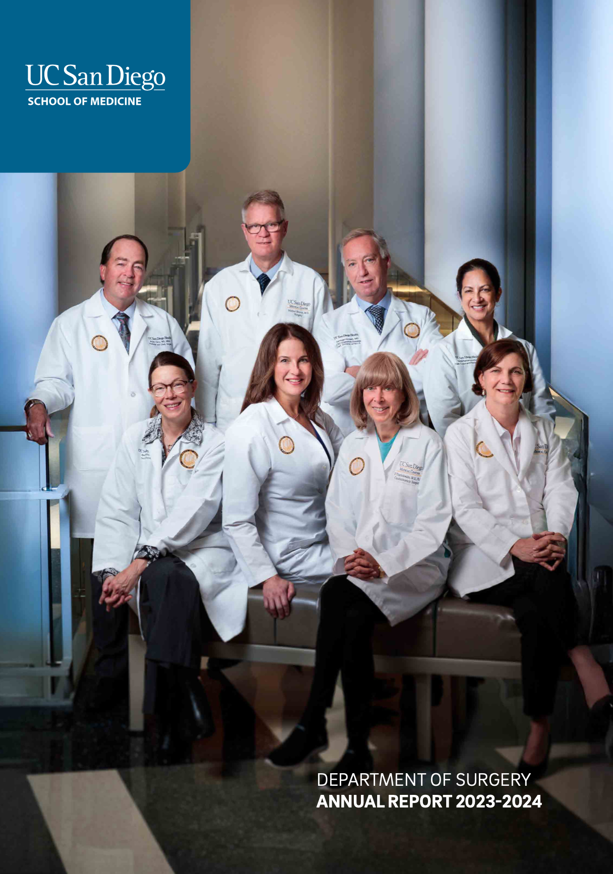 Cover of annual report with text "UC San Diego School of Medicine Department of Surgery Annual Report 2023-2024." Click to access full annual report. 